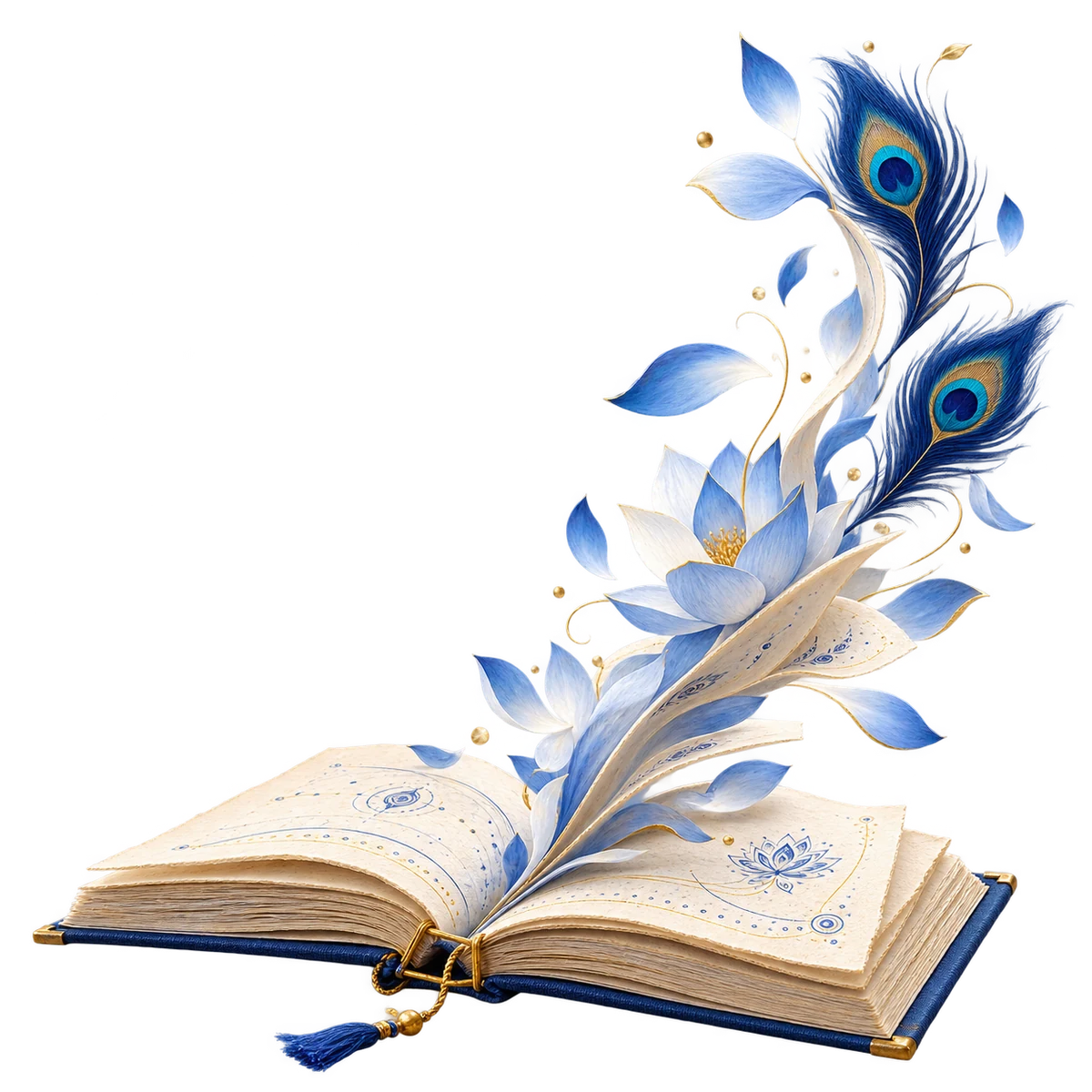 Lotus petals and peacock feathers rising from an open manuscript