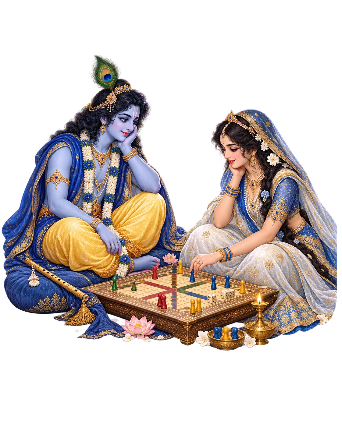 Radha and Krishna seated together, playing a game of chaupar