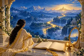 खुली अलिखित पुस्तक, दर्पण और दीप के पास बैठी साधिका; नीले पर्वतों से प्रकाशमय महल की ओर जाता स्वर्णिम पथ