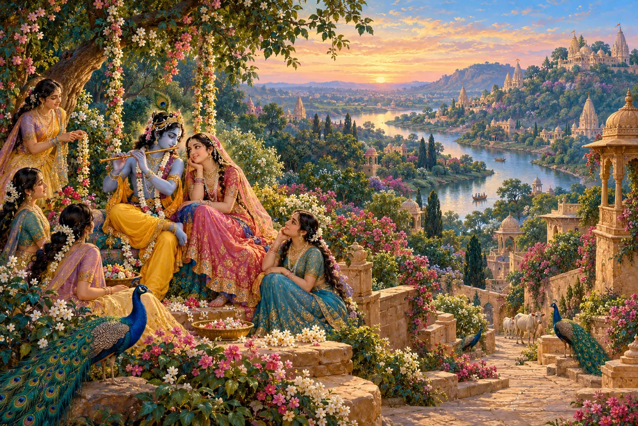 पुष्प-सजे झूले पर राधा-कृष्ण और सखियाँ; पीछे नदी, मंदिर, ब्रज की गलियाँ और मोरों से भरा कल्पित धाम