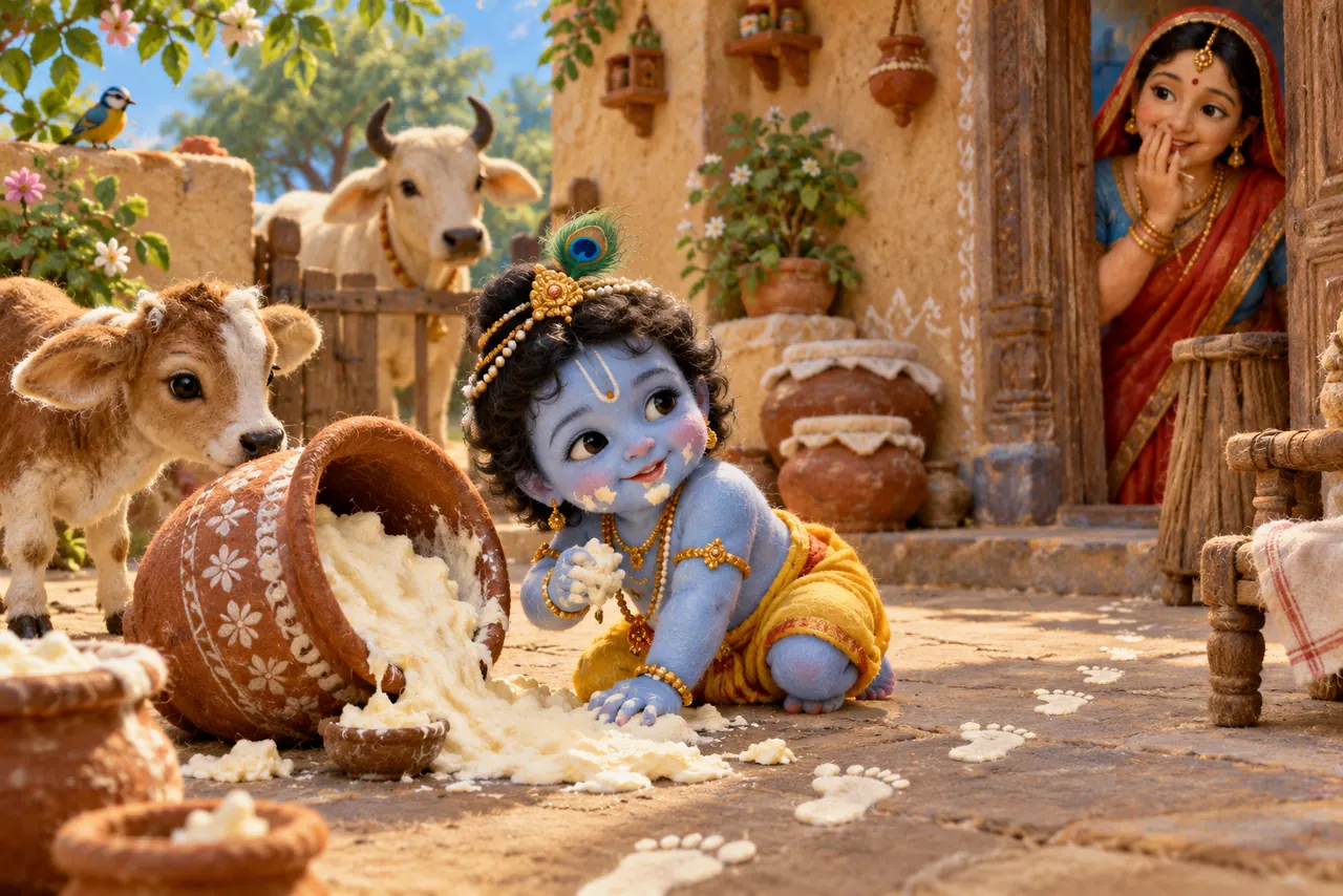 गोकुल के आँगन में उलटी माखन-मटकी और बछड़े के पास मुस्कराते बालकृष्ण; द्वार से देखती यशोदा, मुलायम खिलौने जैसी कला में