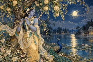 चाँदनी में कदंबवृक्ष के नीचे बांसुरी बजाते श्रीकृष्ण; नदी के किनारे मोर, कमल और दूर मंदिर