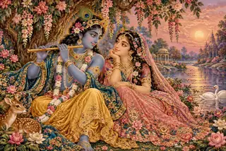 नदी किनारे फूलों से भरे वृक्ष के नीचे बांसुरी बजाते श्रीकृष्ण और उनकी ओर देखती राधा; हिरण और हंस, बुने वस्त्र जैसी कला में