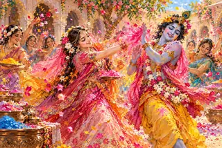 ब्रज के आँगन में हँसते श्रीकृष्ण पर गुलाबी गुलाल उड़ाती राधा; सखियाँ, पुष्प-पंखुड़ियाँ और चमकीले रंग, गाढ़े रंग-लेप जैसी कला में