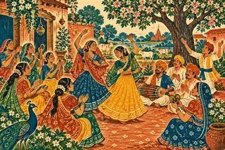 ब्रज के आँगन में ढोलक, मंजीरों और तालियों के साथ गाते-नृत्य करते ग्रामवासी, मिट्टी और नील रंग की लोक-छाप जैसी कला में